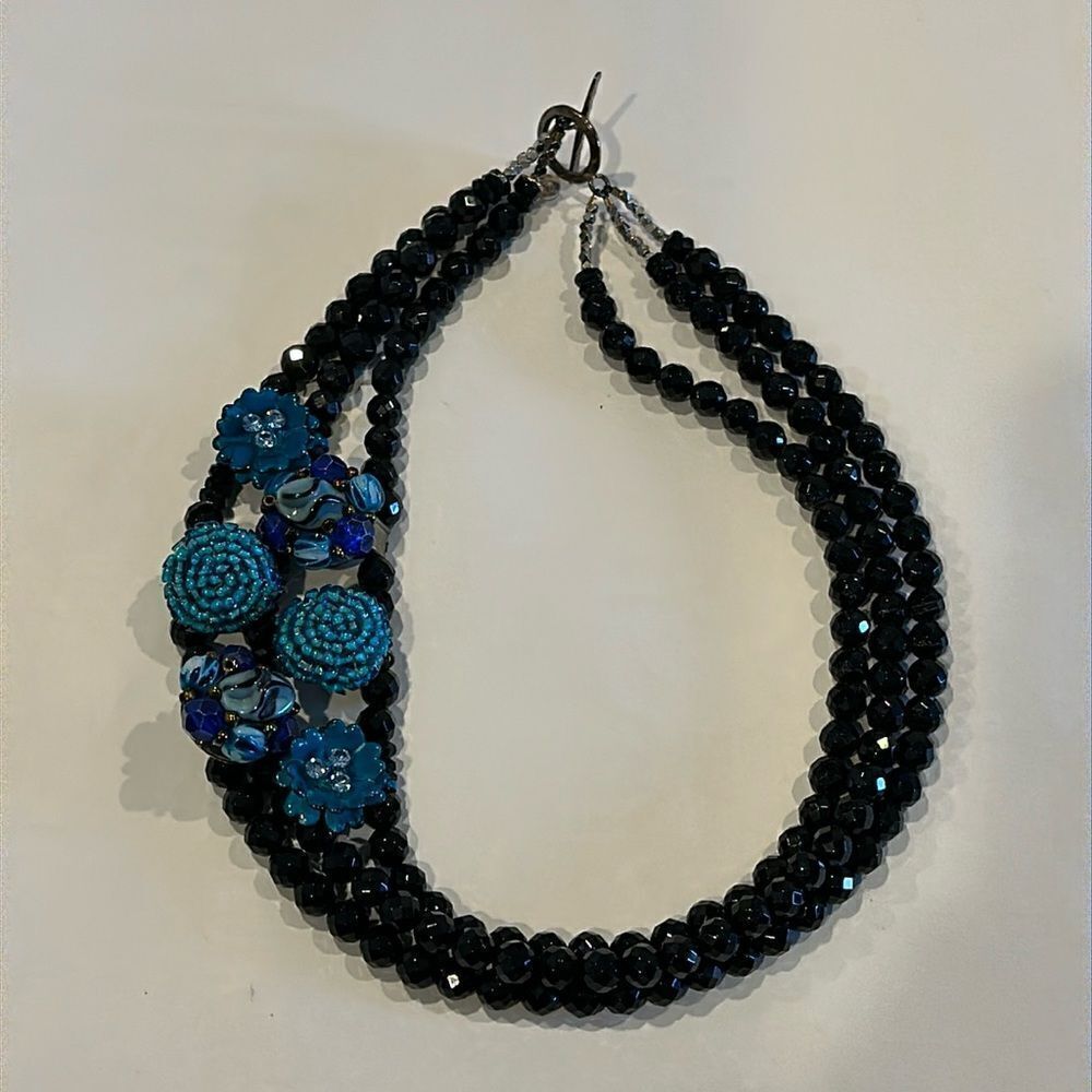 Elva Fields Triple Black Beaded Strand - (6) Turquoise Brooch Flowers Necklace